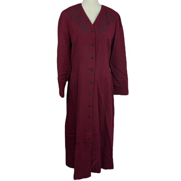 100% Wool Embroidered Dress 14 Burgundy Long Button-Up Vintage House Coat - Picture 7 of 13